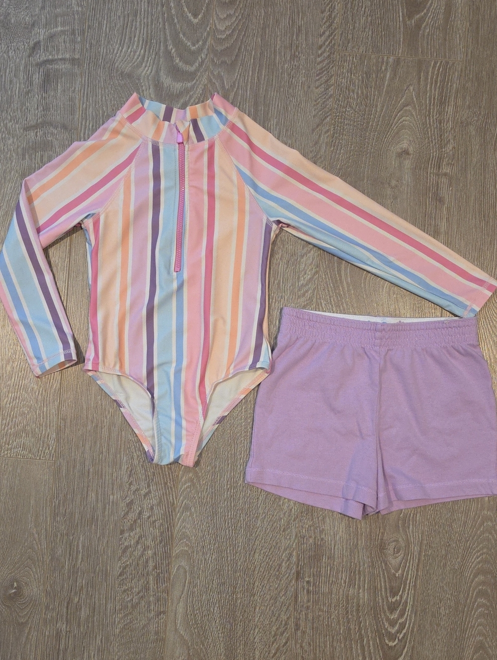 Girls Long-Sleeve Stripe Rashguard Swimsuit Set - Pastel Pink Multi